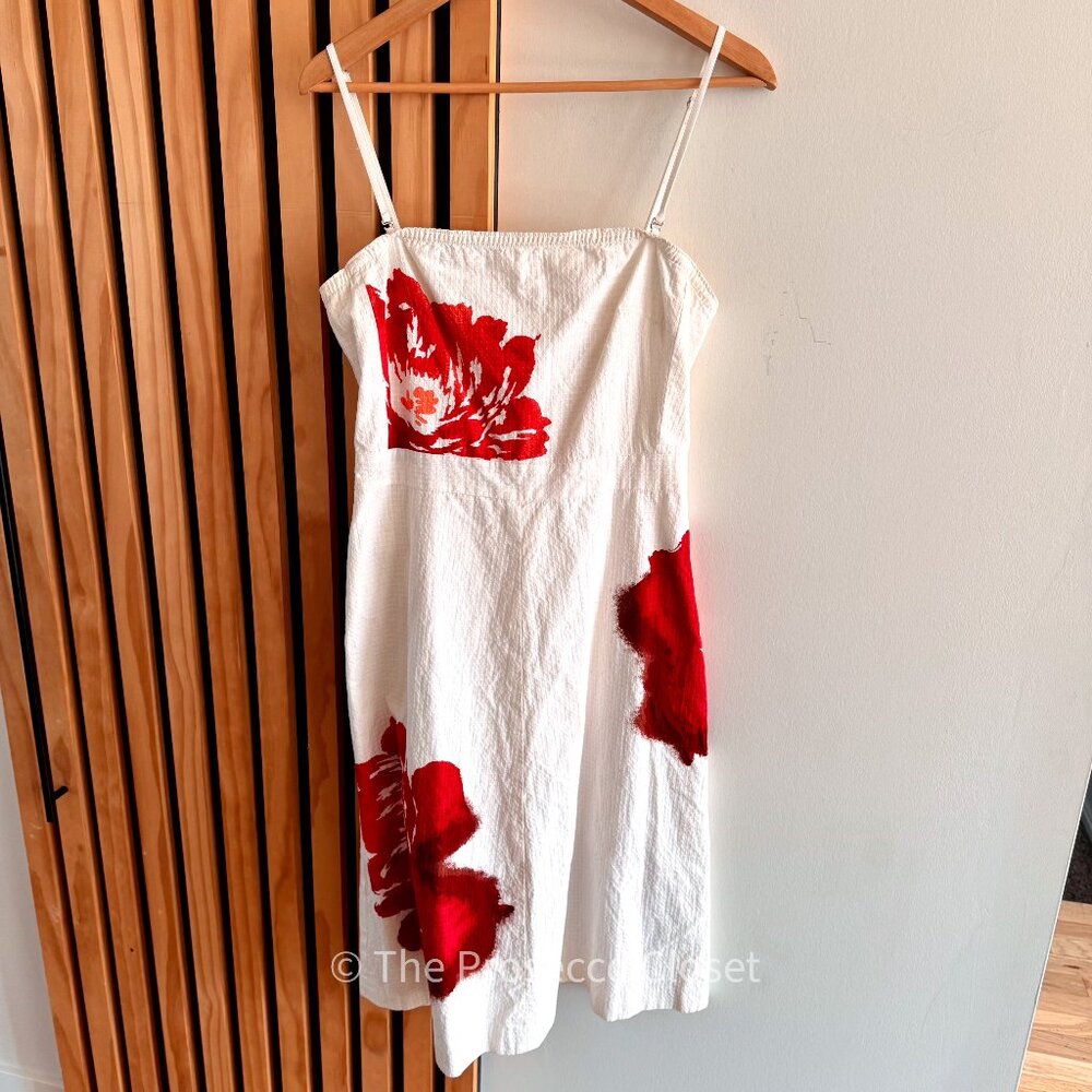 Vintage 2000s J.Crew Red Floral 100% Cotton Midi Dress Summer Sundress (10)